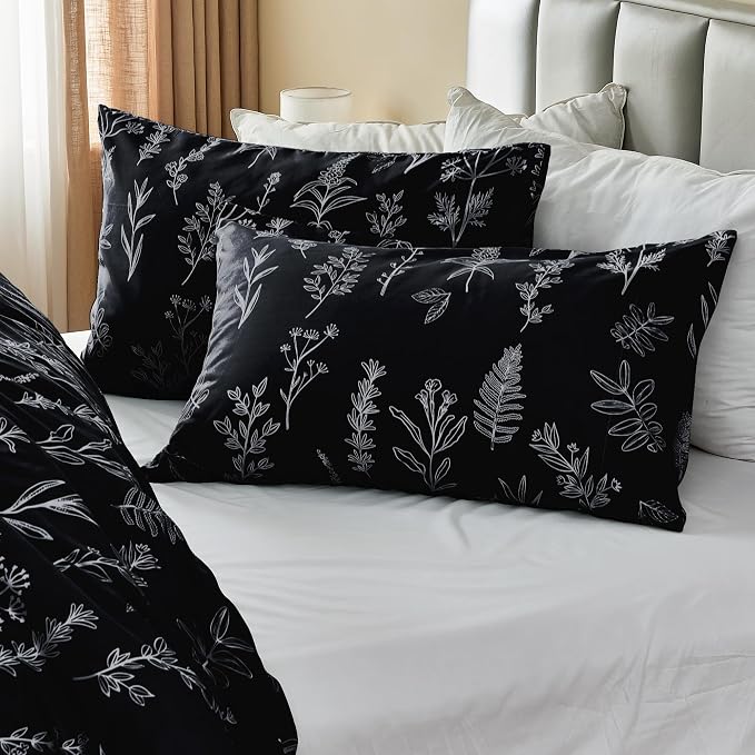 MUXHOMO Duvet Cover Full Size, Reversible Floral Black Duvet Cover Set with Zipper Closure, 3 Pieces Botanical Patterns Soft Microfiber Bedding Set with 4 Ties (80"x90", 2 Pillow Cases)