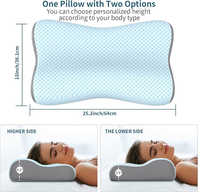 Cervical Neck Pillow for Pain Relief, Contour Memory Foam Pillows for Sleeping, Ergonomic Pillow Orthopedic Cooling Pillow Bed Pillow Neck Support for Side Back Stomach Sleepers(Light Blue)