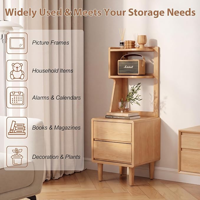 Solid Wood Bookshelf Nightstand Combo, Tall Nightstand with Bookshelf | Oak Nightstand Bookshelf,Solid Wood Nightstand with Drawers,Open Shelf Bookcase,for Bedroom,Living Room,Offices
