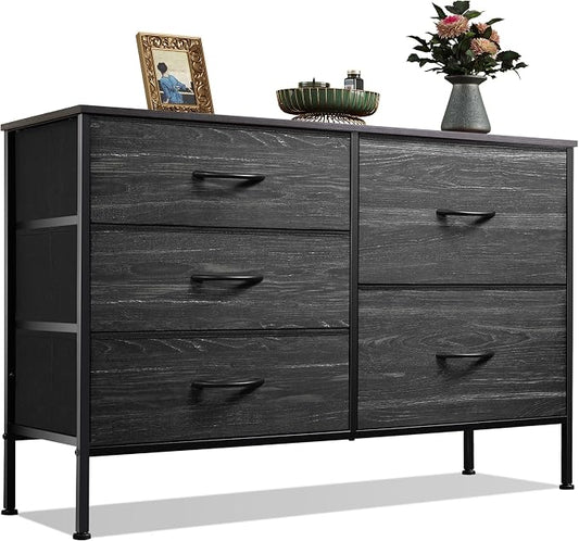 WLIVE Black Dresser for Bedroom, 5 Fabric Chest of Drawers | Black 5-drawer wide fabric dresser with steel frame, modern storage for bedroom living room home closet