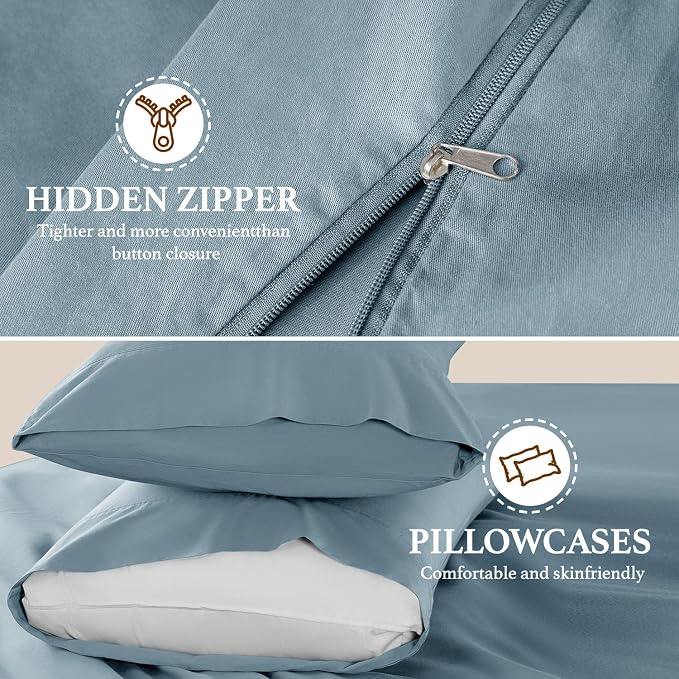 DEITAS 100% Cotton Queen Duvet Covers 3 Piece,1200 Thread Count，French Blue | Luxury Egyptian Cotton Comforter Cover With Zipper Closure, Ultra Cooling Breathable, Hotel Bedding Duvet Covers