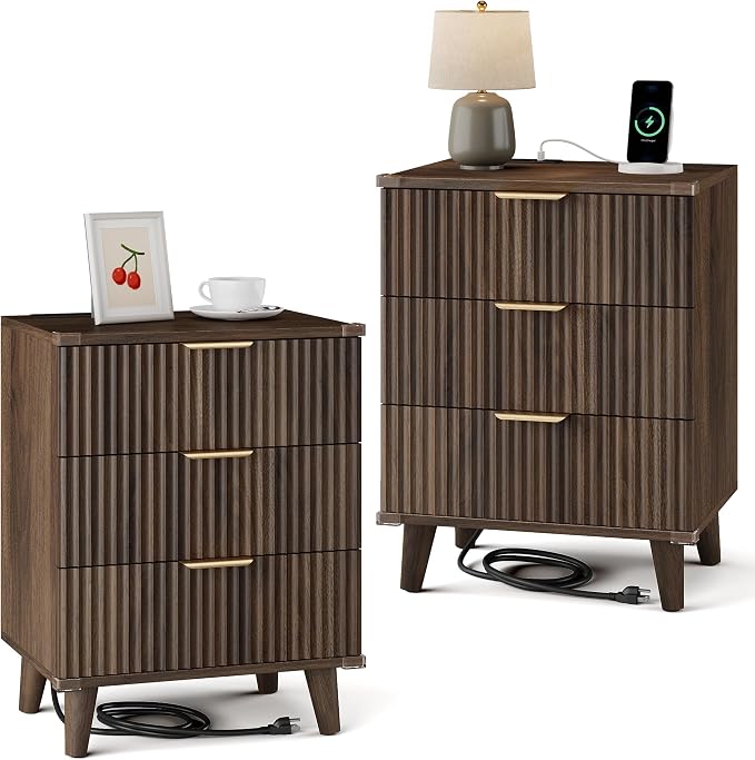 Wood Nightstands Set of 2 w/Charging Station, 3 Drawers Fluted Dresser | Walnut, Large Drawers, Metal Silent Rails, FSC Wooden, Sturdy Legs, Modern Fluted Panel, Living Room, Bedside Table
