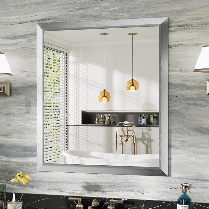 Bathroom Wall Mirror, Silver Brushed Nickel Metal Frame, 36x32 Inch | Anti-rust, HD tempered glass, for bathroom vanity, bedroom, living room, horizontal or vertical mount