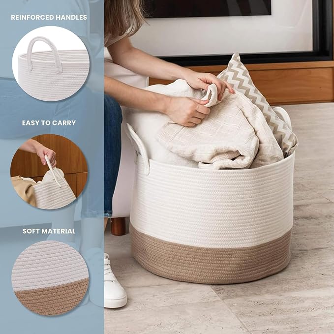 OrganiHaus Round Toy Basket & Blanket Basket, Cotton Rope 20x13" | Honey / Off-White - Round Cotton Rope Basket, 20x13"