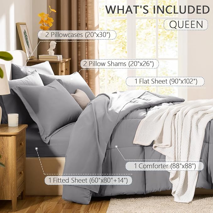 Queen Comforter Set, 7-Piece Bed in a Bag, Grey | OEKO-TEX Certified, Box-Stitched Design, 240 GSM Down Alternative Fill, All-Season Comfort, Sheets, Pillowcases & Shams