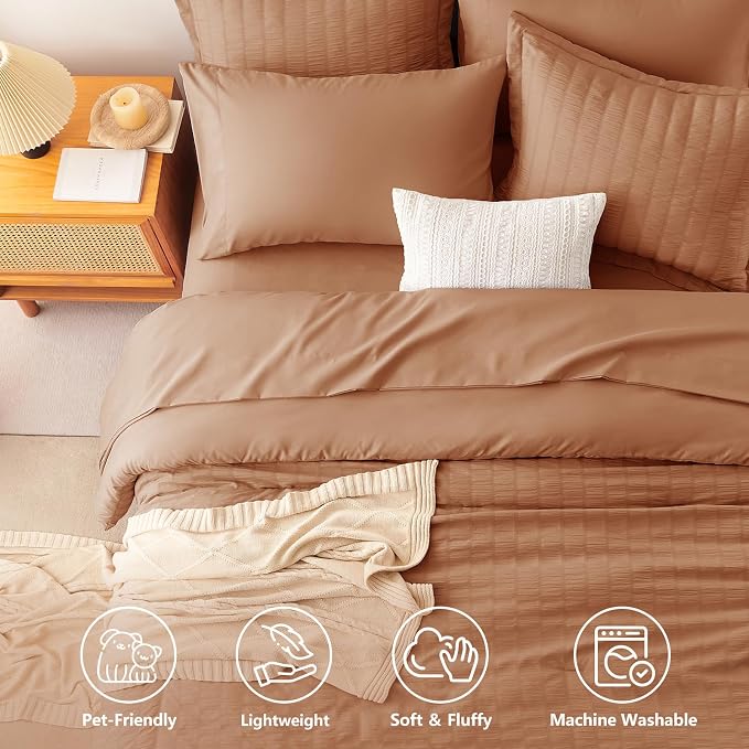 Queen Comforter Set, 7 Pieces Pumpkin Seersucker Bed in a Bag | OEKO-TEX Certified, All Season Bedding Set with 240 GSM Down Alternative Comforter, Flat & Fitted Sheets, Pillowcases & Shams