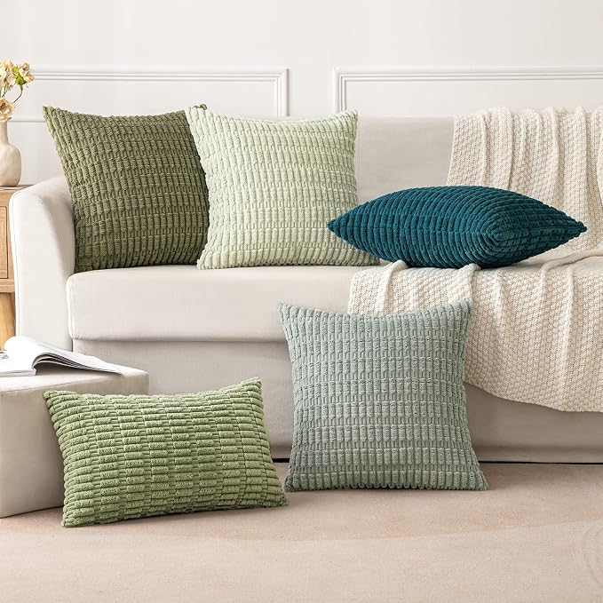 MIULEE Corduroy Decorative Throw Pillow Covers 20x20 Olive Green Pack of 2 | Soft Boho Striped Pillow Covers Modern Farmhouse Home Decor For Sofa Living Room Couch Bed