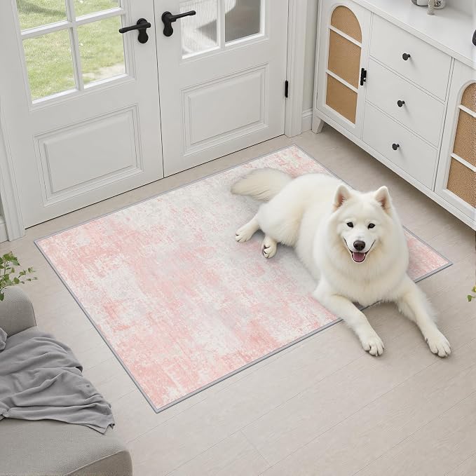 2x3 Washable Entryway Rug: Modern Abstract Soft Carpet Pink White | For Entrance, Bedroom, Kitchen, Laundry, Bathroom,Door Mat,Modern Abstract,Machine washable,Non-Slip,Stain Resistant,Indoor