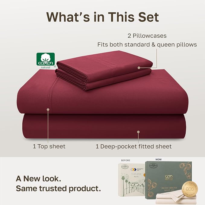 California Design Den Luxury 600 Thread Count Full Sheet Set, Brick Red | 100% Cotton Sateen Backed by Good Housekeeping Seal, Soft & Smooth, 16" Deep Pocket, All-Around Elastic, Durable, Easy Care