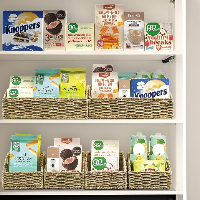 Pantry Baskets Organization, Wicker Storage Basket Green | Handwoven Pantry Organizers and Storage with Built-in Handles, Laundryroom Organization Storage Bins for Snack Cans