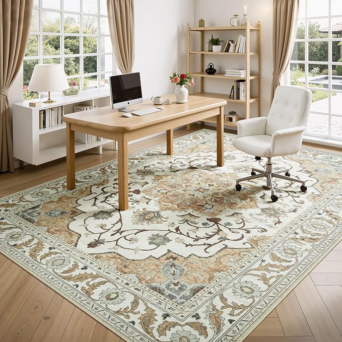 Area Rugs 8x10 for Living Room,Large Washable Carpet Light Beige | Boho & Vintage,Non Slip Backing,Works With All Vacuums,0.25inch Low Pile for Bedroom Dining Room Home Office,Family Friendly