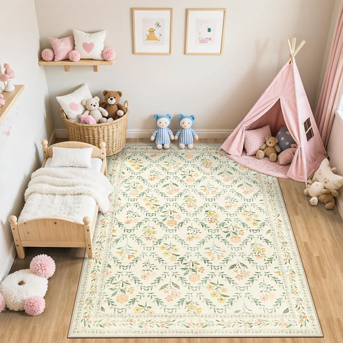 PLHXFR Area Rug Living Room: 5x7 Floral Washable Boho Carpet Beige Multi | For Bedroom Dining Room Farmhouse Nursery Hallway,Vintage Floral,Machine washable,Non Slip,Stain Resistant,Large Indoor