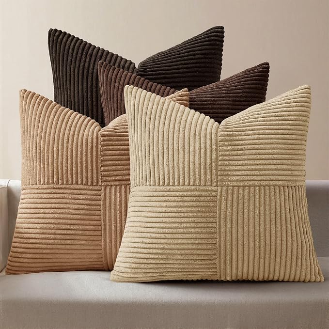 MIULEE Boho Decorative Throw Pillow Covers 18x18 Set of 4 Farmhouse Neutral Cushion Cases Gradient Corduroy Pillow Cases Modern Soft Corduroy Patchwork Home Decor for Couch Sofa Bedroom Dark Brown