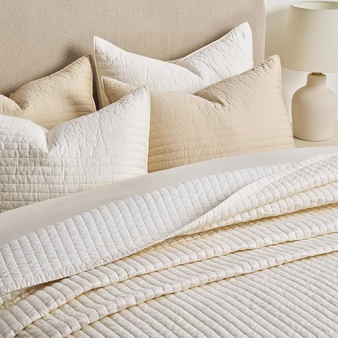 EVERGRACEHOME Cotton Sateen Quilt Set, King Size, Cream | 100% Cotton, Channel Stitch Coverlet Bedspread, Pre-Washed Lightweight Soft Bedding Set for All Season, 3 Piece, with 2 Shams