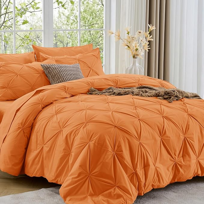 Sasttie Full Size Comforter Set, 7-Piece Bed in a Bag Double, Pintuck Bedding Set for All Season, Includes Comforter, Flat Sheet, Fitted Sheet, Pillowcases and Pillowshams, Coral Orange