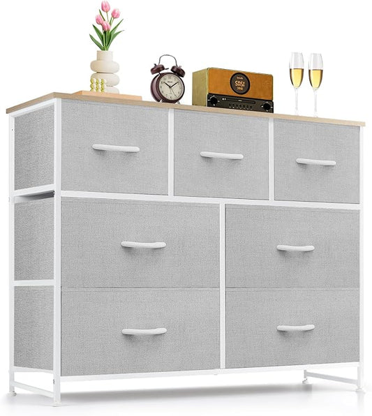 7-Drawer Dresser for Bedroom, Anti-Tip Wide Storage Organizer Fabric | Chest of Drawers TV Stand for 45" TV with Wooden Top and Metal Frame for Closet, Living Room, Hallway, Entryway, Light Gray