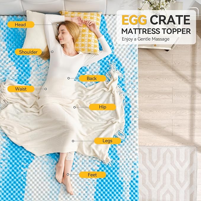 SINWEEK 2 Inch Egg Crate Memory Foam Mattress Topper Queen Size, Soft Mattress Pad for Back Pain Relief, Bed Topper, CertiPUR-US Certified, Blue