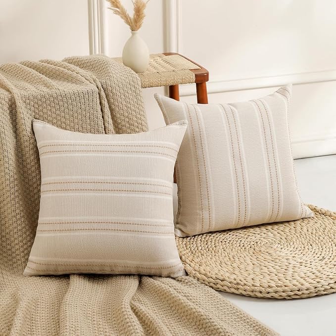 Hckot Stripe Throw Pillow Covers 26x26 Large Square Khaki Pillow Cover | Farmhouse Decorative Pillows Textured Linen Euro Sham Cushion Covers for Sofa Couch Bed Living Room Decor
