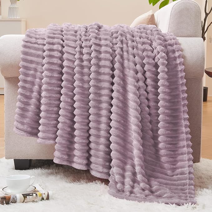 BEDELITE 3D Ribbed Dusky Violet Fleece Twin Blanket for Couch, 60x80 Inch | Soft Warm Fluffy Throw Blanket for Bed Sofa College Dorm Room Decor, Luxury Cozy Plush Gifts for Women Girls, Lightweight