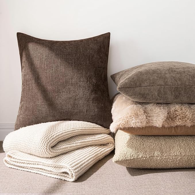 MIULEE 24x24 Inch Euro Textured Chenille Pillow Covers Chocolate Brown | Pack of 2 Decorative Soft Throw Pillows,Solid Textured Cushion Covers,Modern Home Decor for Bed Couch Sofa Bedroom Livingroom