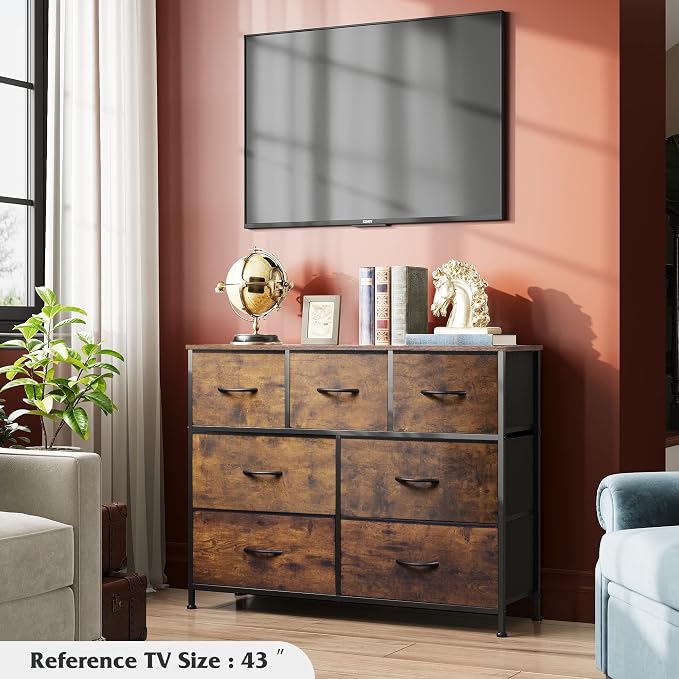 WLIVE Dresser for Bedroom, 7 Drawers, TV Stand, Rustic Brown Wood Grain | 7 roomy fabric drawers, Fits TVs up to 45 inch, Bedroom or living room, Wide storage design, Chest of drawers