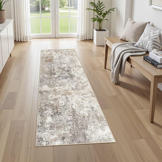 UERMEI 2x6 Washable Runner Rug for Hallway, Non Slip Low Pile Kitchen Carpet, Neutral Modern Abstract Indoor Floor Mat for Entryway Laundry, Kid & Pet Safe High Traffic Area, Brown Grey