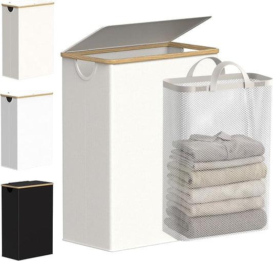 efluky Slim Laundry Basket with Lid, Narrow Laundry Hamper with Removable Bag, Skinny Dirty Clothes Basket with Bamboo Handles for Bathroom, Bedroom & Laundry Room, 65L Beige