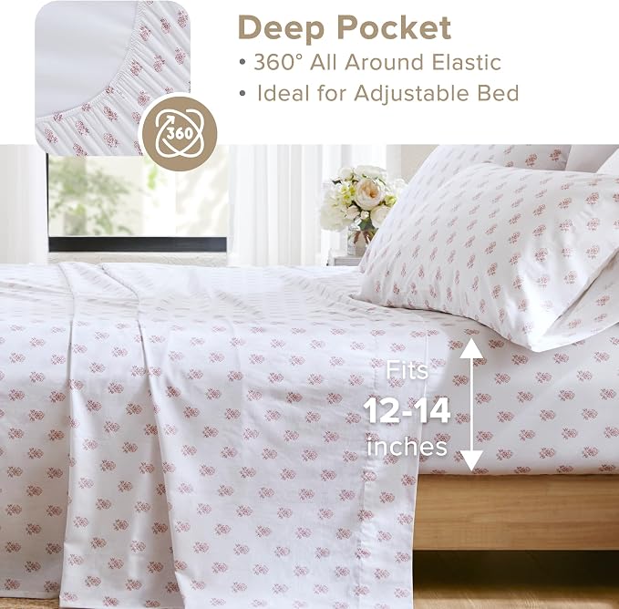 Comfort Spaces 100% Cotton Percale Sheets Twin Sheet Set 3 Pcs, Floral Pink | Crisp, Cool & Breathable Bed Sheets, 12" Deep Pocket Fits Up to 14" Mattress, Lightweight, All Season Cozy, with Pillow Case