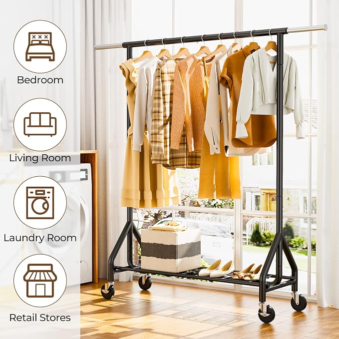 HYSEYY Heavy Duty Clothes Rack Load 450 LBS, Metal Garment Rack, Standing Rolling Clothing Rack for Hanging Clothes with Sturdy Wheels & Shelves, Portable Closet Wardrobe Rack,Black