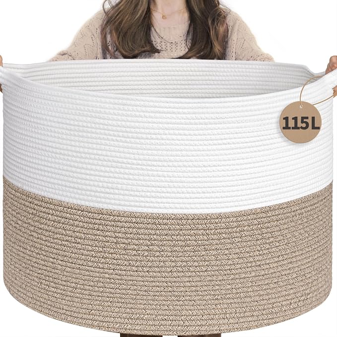 INDRESSME 115L Extra Large Woven Rope Blanket Basket Living Room LightBrown | 23.6" x 15.7" Storage baskets for toys laundry & pillows. Fits living room, bedroom or nursery décor. Soft-touch with handles