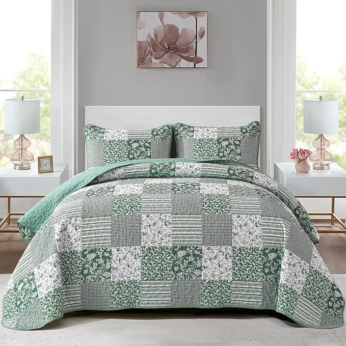 Mybedsoul Boho Quilts Queen Size, Patchwork Reversible Bedding Set, Green | Soft Lightweight Microfiber Coverlet Set, 3 Pieces Plaid Reversible Bedspread, Bed Sets for All Seasons 90"x96"