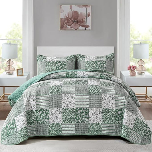 Mybedsoul Boho Quilt King Size, Patchwork Floral Bedding Set, Green | Soft Lightweight Microfiber Coverlet Set, 3 Pieces Plaid Reversible Bedspread, Bed Sets for All Seasons 90"x110"