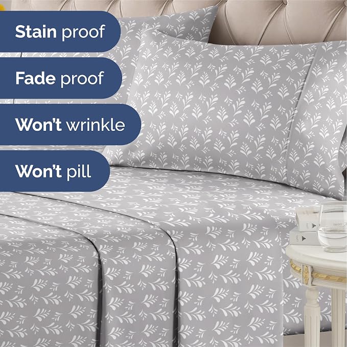 Queen 4 Piece Floral Sheet Set - Soft, Breathable & Cooling - Gray Sprig | 1 Flat, 1 Fitted & 2 Pillowcases w/ Deep Pockets, Boho Botanical Floral Bedding, Breathable & Cooling, Wrinkle & Fade Free