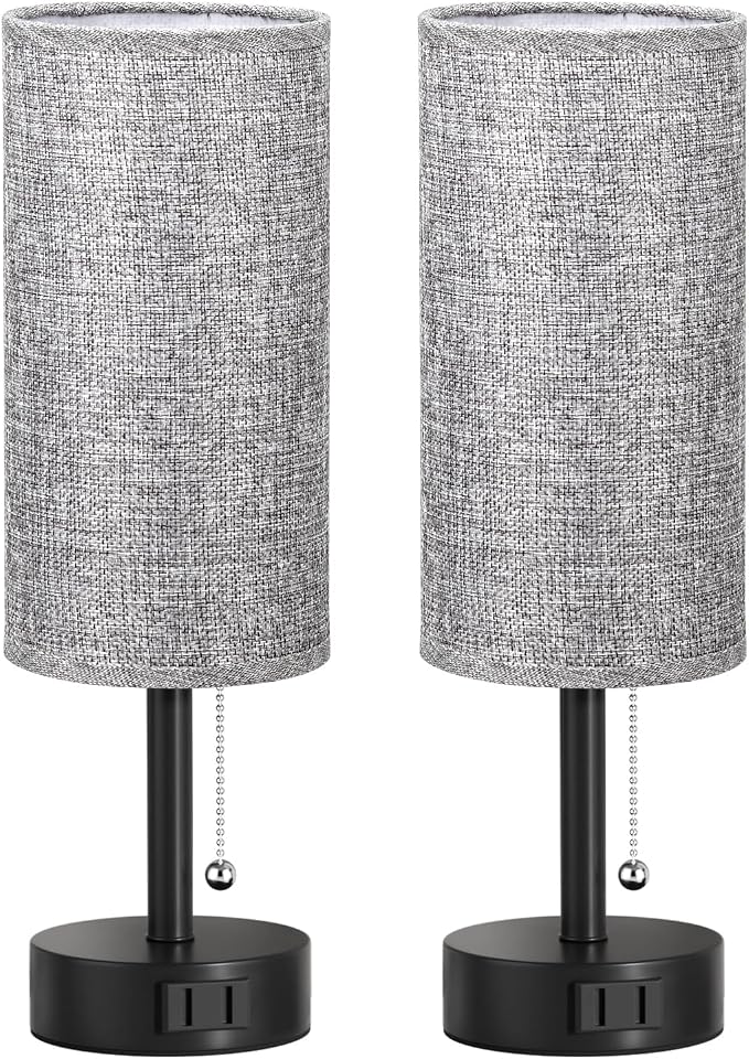 Grey Bedside Table Lamps Set of 2 - Bedroom Lamp for Desk, AC Outlet | 3CCT(3000K/4000K/5000K), LED Bulbs Included, Grey Fabric Lampshade, 14in Small Lamp for Nightstand, Guest Room, Living Room