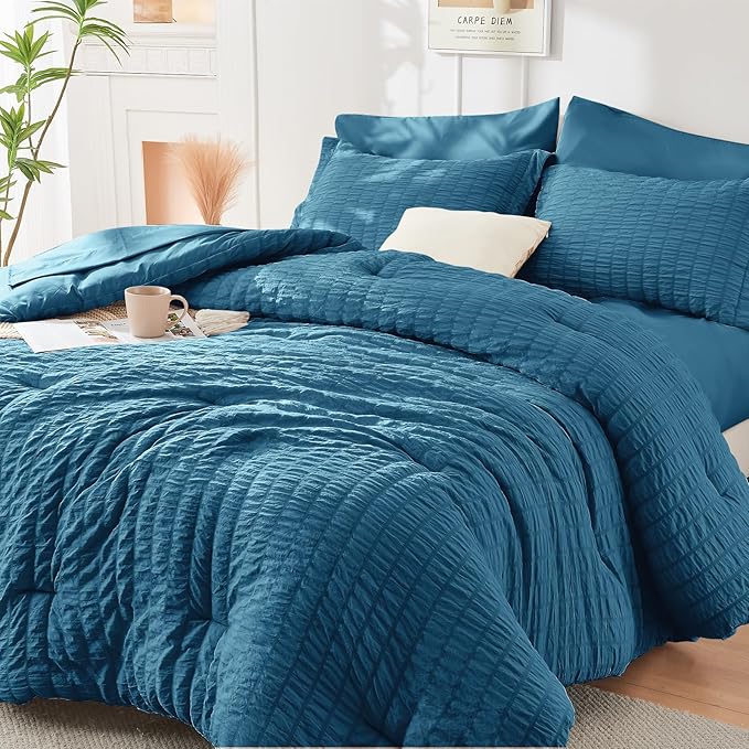 HYMOKEGE Teal Oversized King Comforter Set Seersucker 7 Pieces, All Season Luxury Bed in a Bag for Bedroom, Bedding Set with Comforter, Sheets, Pillowcases & Shams