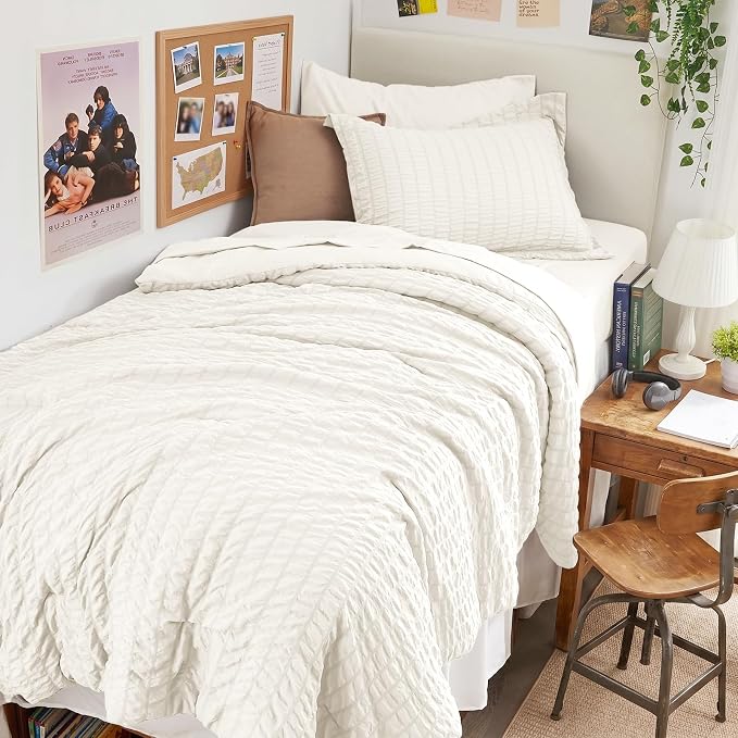 HYMOKEGE Ivory Twin XL Comforter Set Seersucker 5 Pieces, All Season Luxury Bed in a Bag for Bedroom, Bedding Set with Comforter, Sheets, Pillowcase & Sham
