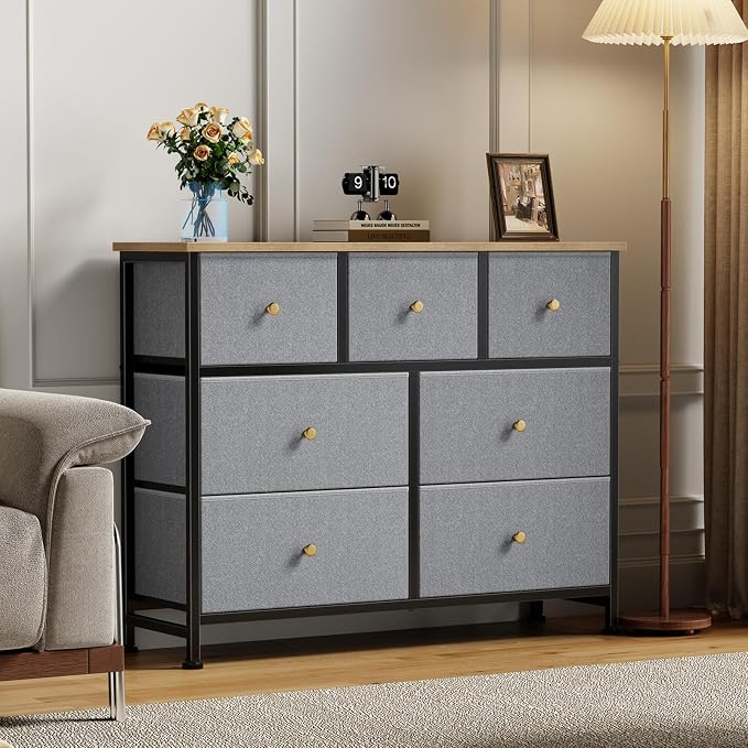 Sweetcrispy 7 Drawer Dresser for Bedroom Storage with Fabric Bins, Blue | Anti-Tip Closet Organizer, Wooden Top and Sturdy Steel Frame, Spacious Drawers for Clothes Storage, Hallway Entryway