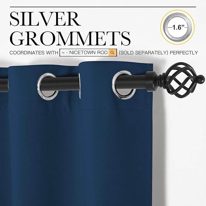 NICETOWN Moroccan Blue Blackout Curtains for Kitchen 42" w x 48" L 2 Panels | Window Treatment Thermal Insulated Solid Grommet Room Darkening Drapes for Bedroom, Light Blocking Noise Reducing Home Decor
