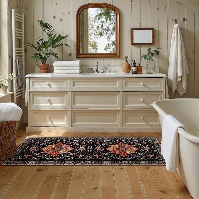 RELEANY Washable Area Rug, Runner 2'x5', Black/Colorful | Non-Slip, Water Repellent, Pet Friendly, Easy to Clean, Vintage Floral Boho Decor for Kitchen Entry Bedroom Bedside Laundry