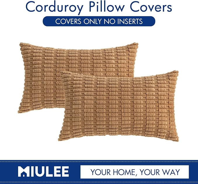 MIULEE Lumbar Corduroy Decorative Throw Pillow Covers 12x20 Brown Pack of 2 | Soft Boho Striped Pillow Covers Modern Farmhouse Fall Home Decor For Sofa Living Room Couch Bed
