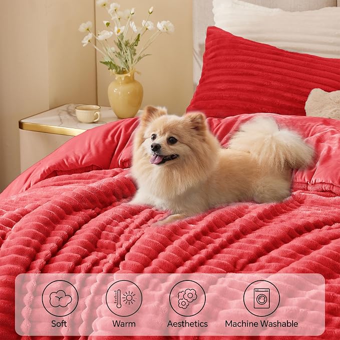 BEDELITE Fleece King Comforter Set, Fluffy Bed Set, Red | Super Soft & Warm Bedding, Luxury Fuzzy Faux Fur Comforter for Winter, Heavy Plush Bedding, with 2 Pillowcases