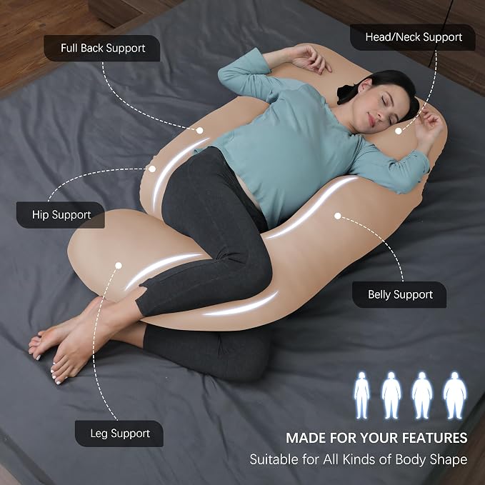 MOON PARK Pregnancy Pillows for Sleeping - U Shaped Full Body Maternity Pillow with Removable Cover - Support for Back, Legs, Belly, Hips - 57 Inch - Brown - Cooling Cover
