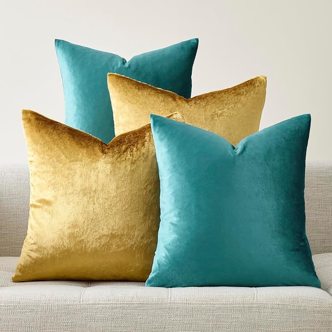 GIGIZAZA Pack of 4 Decorative Velvet Pillow Covers 20x20 Teal Gold | Throw Pillows for Couch Sofa,280gsm Soft Textured Fabric,Modern Accent Pillowcases,Luxury Living Room Cushion Covers