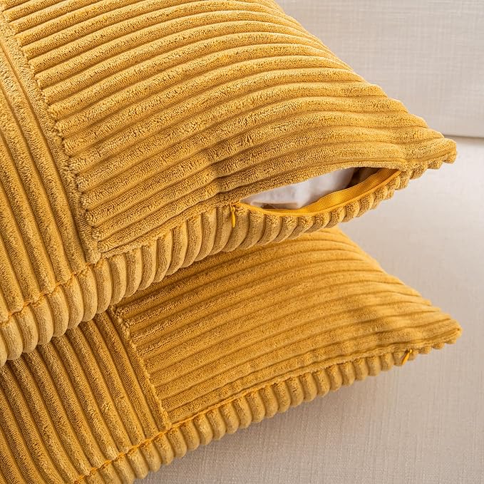 Fancy Homi 2 Packs Gold Yellow Samll Decorative Throw Pillow Covers 12x12 Inch with for Couch Bed Sofa, Farmhouse Boho Spring Home Decor, Soft Corss Patchwork Corduroy Square Cushion Case 30x30 cm