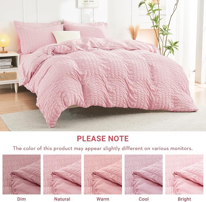 HYMOKEGE Pink Full Size Comforter Sets Seersucker 7 Pieces, All Season Luxury Bed in a Bag for Bedroom, Bedding Set with Comforters, Sheets, Pillowcases & Shams