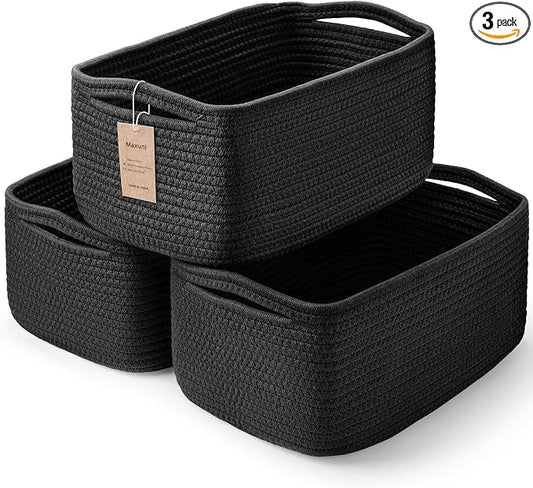 3 Pack Storage Baskets for Organizing, 13.7×9.5×6.3", Black | Woven Baskets for Shelves, Cotton Rope Basket for Gifts Empty, Closet Organizer Bins with Handles, Cube Decorative Box
