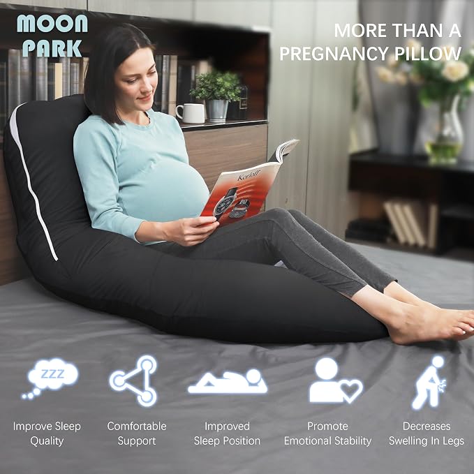 MOON PARK Pregnancy Pillows for Sleeping - U Shaped Full Body Maternity Pillow with Removable Cover - Support for Back, Legs, Belly, Hips - 57 Inch - Black - Cooling Cover
