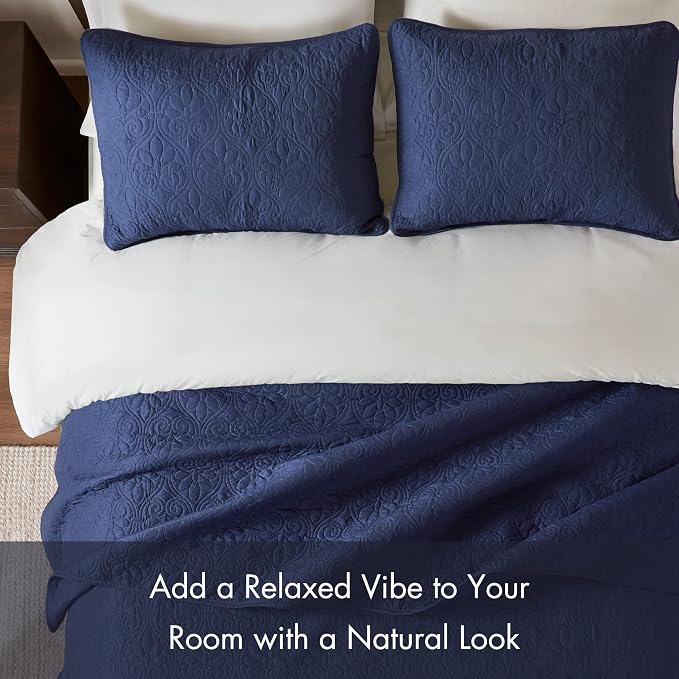 Madison Park Luxurious Cotton Damask Quilt Set, 3PC King/Cal King Bed Set | All Season, Lightweight Stitching Coverlet Bedspread Bedding Stitching with Shams, Navy