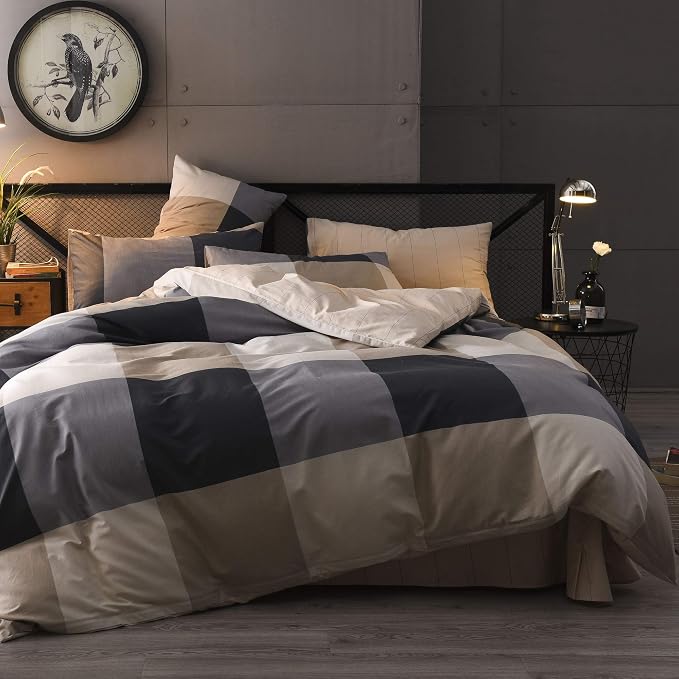 King Comforter Set Plaid 3 Pieces Soft Bedding Plaid Comforter Vintage Style Checkered Gingham King Comforter Set for All Seasons 1 Comforter and 2 Pillowcases