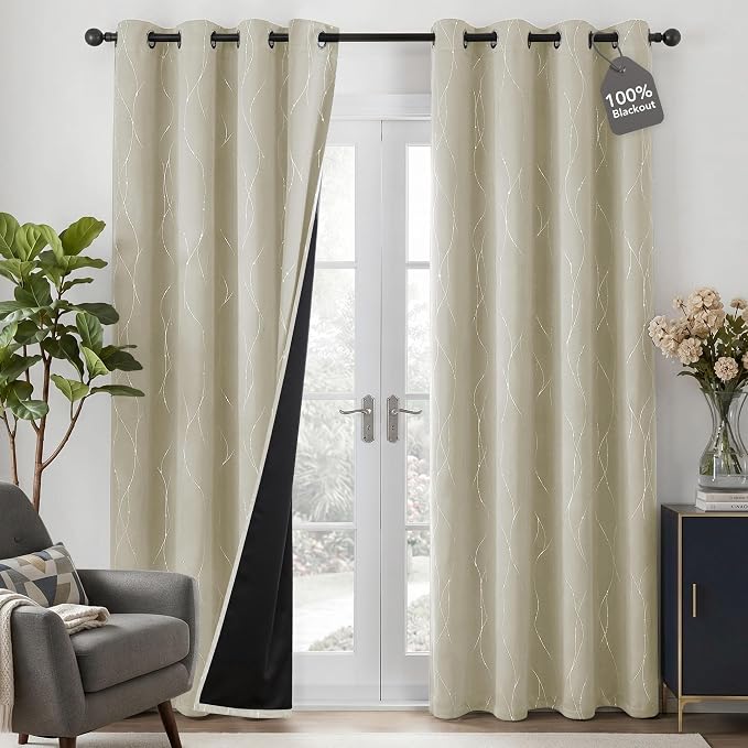 Deconovo 100% Blackout Living Room Curtains 84 Inches Long, Black Backing | Silver Line Foil Pattern Drapes, Thermal Insulated, Room Darkening, Grommet, 2 Panels Set, Light Beige, 52 x 84 Inch